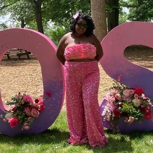 Appliqué Tube Top and Sequin Wide Leg Pant